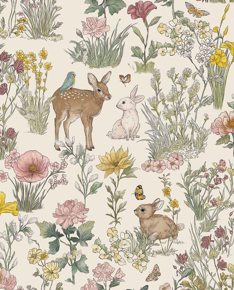 Whispering Meadow wallpaper by Eijffinger, fawn, rabbits and wildflowers on a cream background, flat pattern swatch