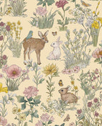 Whispering Meadow wallpaper by Eijffinger in soft yellow, woodland fawn, bunnies and meadow flowers, flat pattern swatch