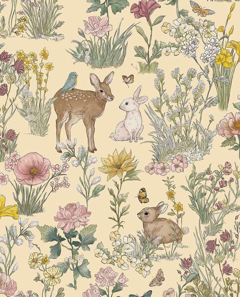Whispering Meadow wallpaper by Eijffinger in soft yellow, woodland fawn, bunnies and meadow flowers, flat pattern swatch
