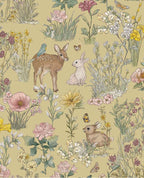 Whispering Meadow wallpaper by Eijffinger in sage olive, fawn, rabbits and butterflies among wildflowers, flat swatch