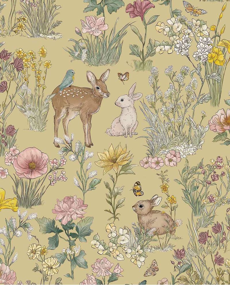 Whispering Meadow wallpaper by Eijffinger in sage olive, fawn, rabbits and butterflies among wildflowers, flat swatch