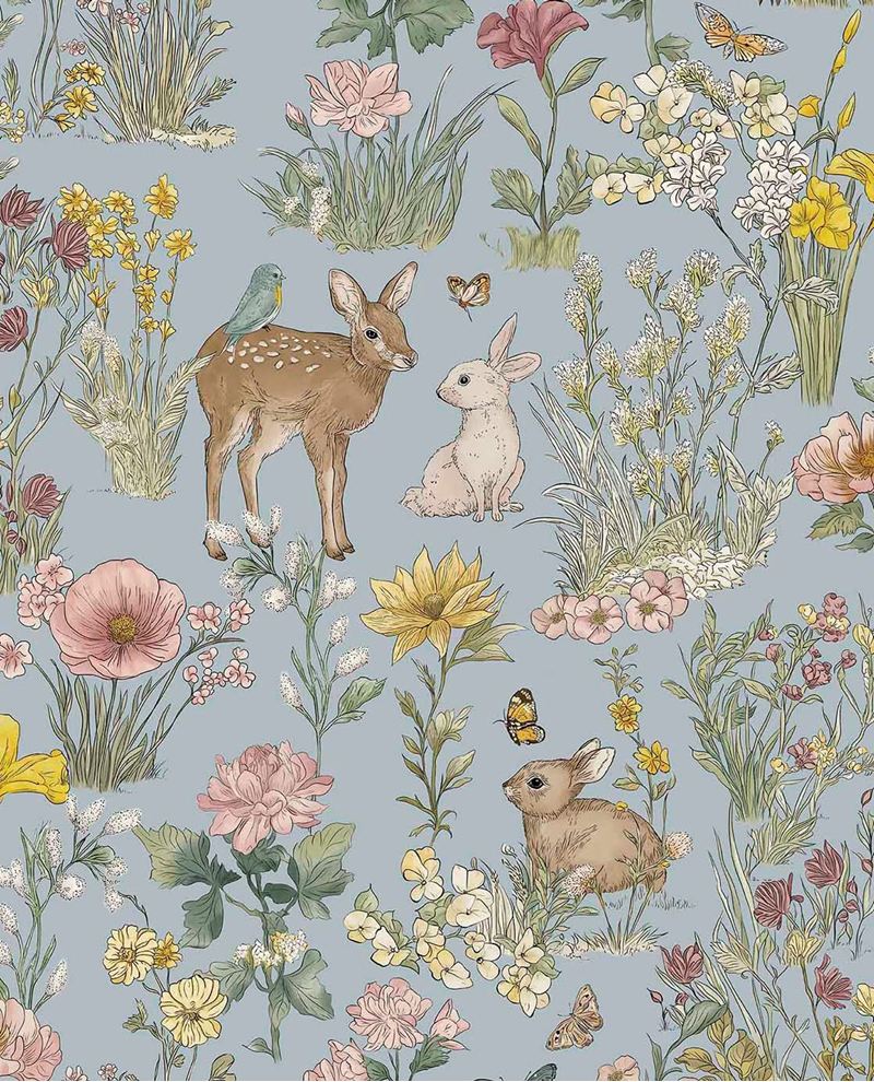Whispering Meadow wallpaper by Eijffinger in dusty blue, fawn, bunnies and floral meadow design, flat pattern swatch