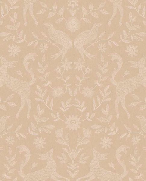 Storybook Damask wallpaper by Eijffinger, symmetrical deer, birds and flowers in white on a blush-beige ground, flat swatch.