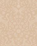 Storybook Damask wallpaper by Eijffinger, symmetrical deer, birds and flowers in white on a blush-beige ground, flat swatch.