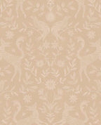 Storybook Damask wallpaper by Eijffinger, symmetrical deer, birds and flowers in white on a blush-beige ground, flat swatch.