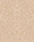 Storybook Damask wallpaper by Eijffinger, symmetrical deer, birds and flowers in white on a blush-beige ground, flat swatch.