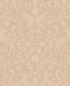 Storybook Damask wallpaper by Eijffinger, symmetrical deer, birds and flowers in white on a blush-beige ground, flat swatch.