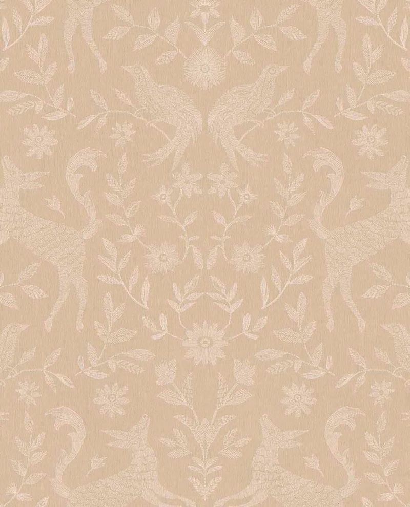 Storybook Damask wallpaper by Eijffinger, symmetrical deer, birds and flowers in white on a blush-beige ground, flat swatch.