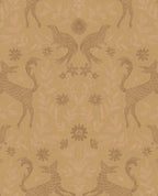 Storybook Damask wallpaper by Eijffinger in gold, mirrored deer and pheasants with florals on a warm ochre ground, flat swatch.