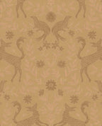 Storybook Damask wallpaper by Eijffinger in gold, mirrored deer and pheasants with florals on a warm ochre ground, flat swatch.