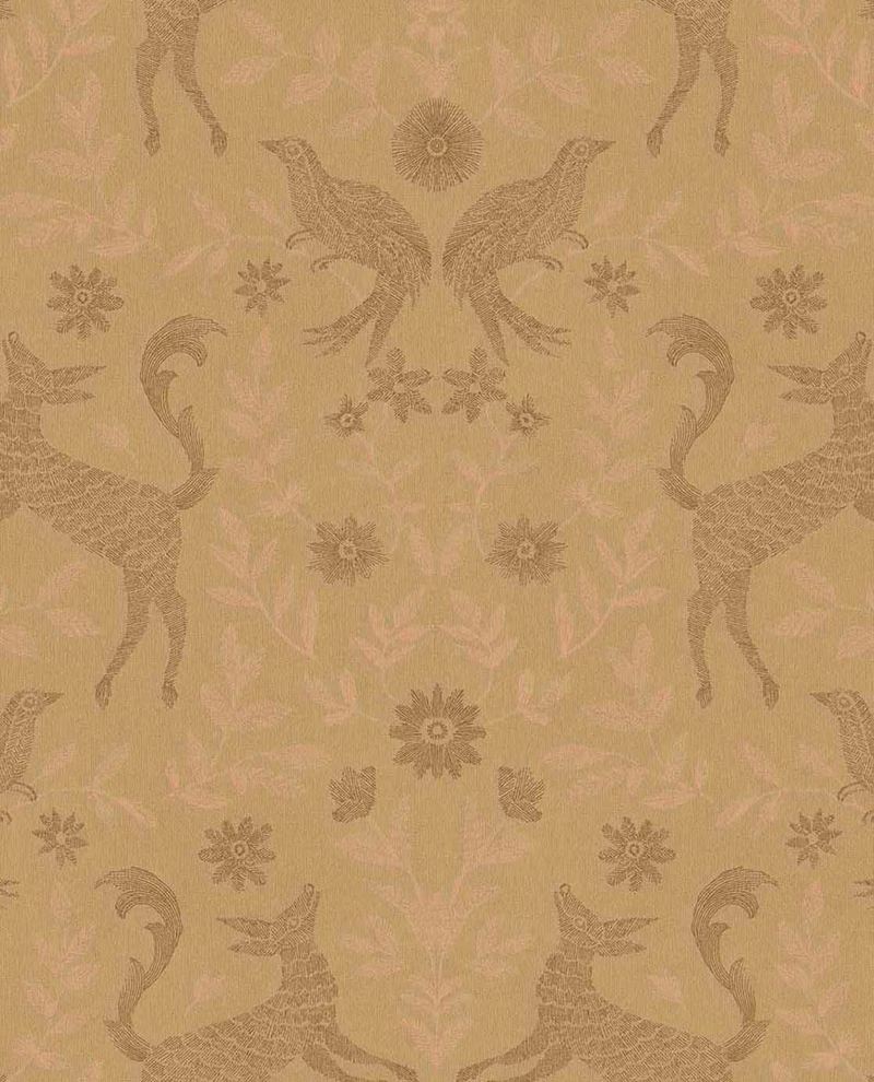 Storybook Damask wallpaper by Eijffinger in gold, mirrored deer and pheasants with florals on a warm ochre ground, flat swatch.