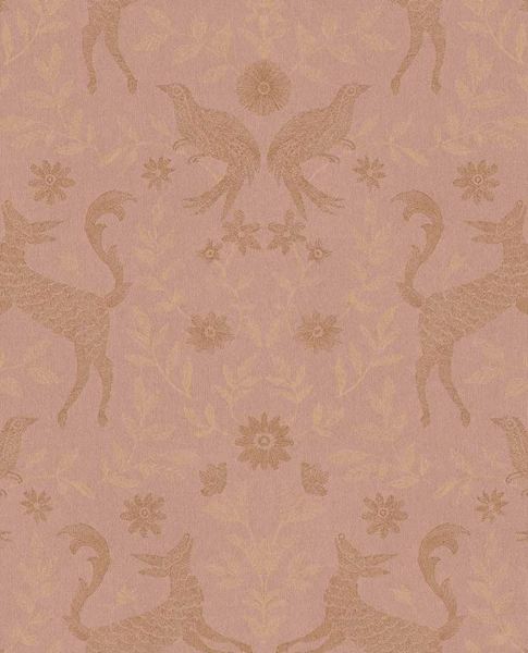 Storybook Damask wallpaper by Eijffinger in pink, gold deer, birds and blooms on a dusky rose ground, flat swatch.