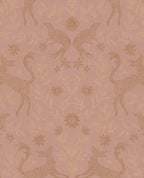 Storybook Damask wallpaper by Eijffinger in pink, gold deer, birds and blooms on a dusky rose ground, flat swatch.