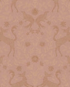 Storybook Damask wallpaper by Eijffinger in pink, gold deer, birds and blooms on a dusky rose ground, flat swatch.