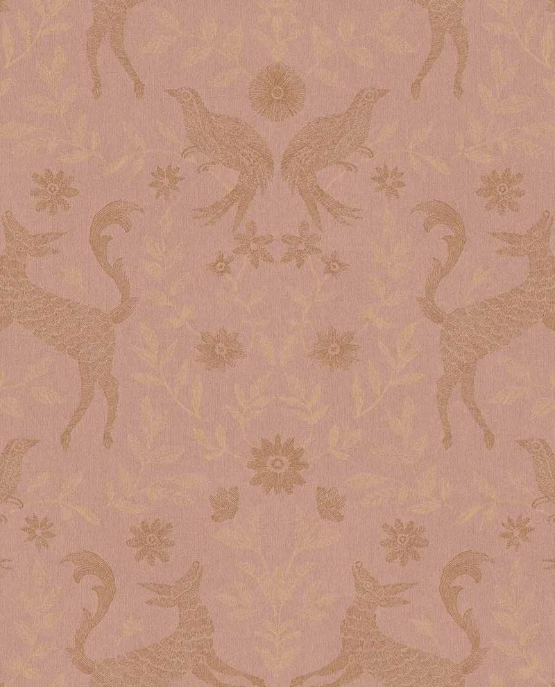 Storybook Damask wallpaper by Eijffinger in pink, gold deer, birds and blooms on a dusky rose ground, flat swatch.