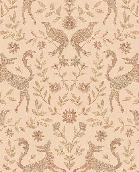 Storybook Damask wallpaper by Eijffinger in terracotta, rust deer and birds with foliage on a peach ground, flat swatch.