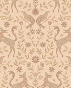 Storybook Damask wallpaper by Eijffinger in terracotta, rust deer and birds with foliage on a peach ground, flat swatch.