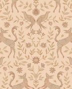 Storybook Damask wallpaper by Eijffinger in terracotta, rust deer and birds with foliage on a peach ground, flat swatch.