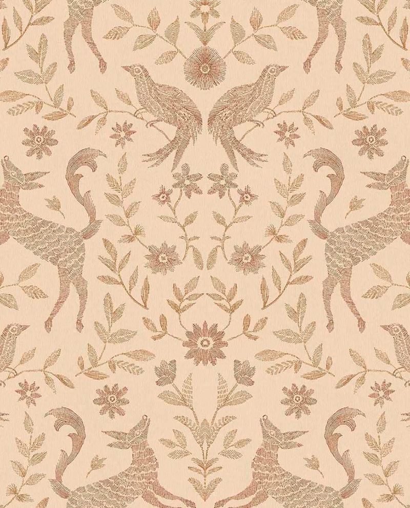 Storybook Damask wallpaper by Eijffinger in terracotta, rust deer and birds with foliage on a peach ground, flat swatch.