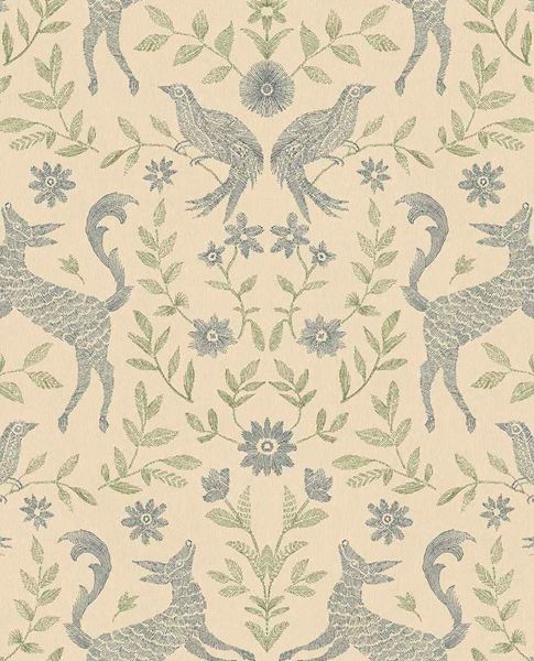 Storybook Damask wallpaper by Eijffinger in blue and green, slate deer and birds with green leaves on a cream ground, flat swatch.