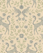 Storybook Damask wallpaper by Eijffinger in blue and green, slate deer and birds with green leaves on a cream ground, flat swatch.