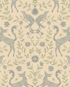 Storybook Damask wallpaper by Eijffinger in blue and green, slate deer and birds with green leaves on a cream ground, flat swatch.