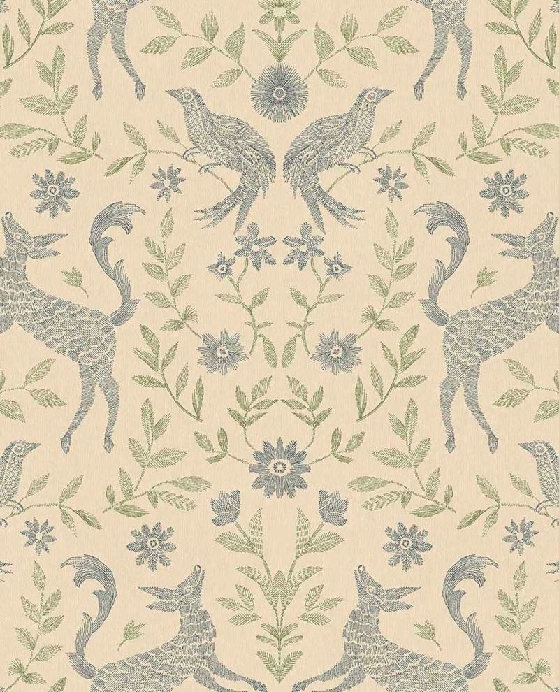Storybook Damask wallpaper by Eijffinger in blue and green, slate deer and birds with green leaves on a cream ground, flat swatch.