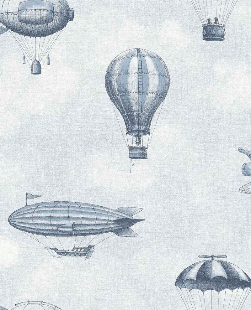 Up & Away wallpaper by Eijffinger in blue, vintage hot air balloons and airships drifting through clouds on a pale sky ground, flat swatch.