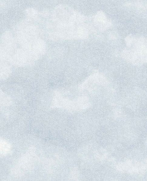 Daydream Clouds wallpaper by Eijffinger, soft white clouds on a pale blue sky, flat roll swatch.