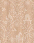 Meadow Folk wallpaper by Eijffinger in blush, white folk-art horses, cranes, birds and beehives on a soft pink ground, flat swatch.