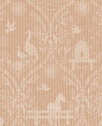 Meadow Folk wallpaper by Eijffinger in blush, white folk-art horses, cranes, birds and beehives on a soft pink ground, flat swatch.