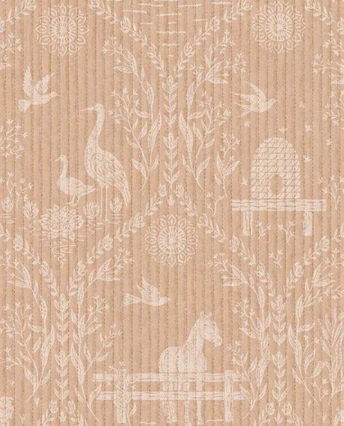 Meadow Folk wallpaper by Eijffinger in blush, white folk-art horses, cranes, birds and beehives on a soft pink ground, flat swatch.