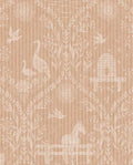 Meadow Folk wallpaper by Eijffinger in blush, white folk-art horses, cranes, birds and beehives on a soft pink ground, flat swatch.