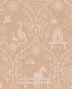 Meadow Folk wallpaper by Eijffinger in blush, white folk-art horses, cranes, birds and beehives on a soft pink ground, flat swatch.