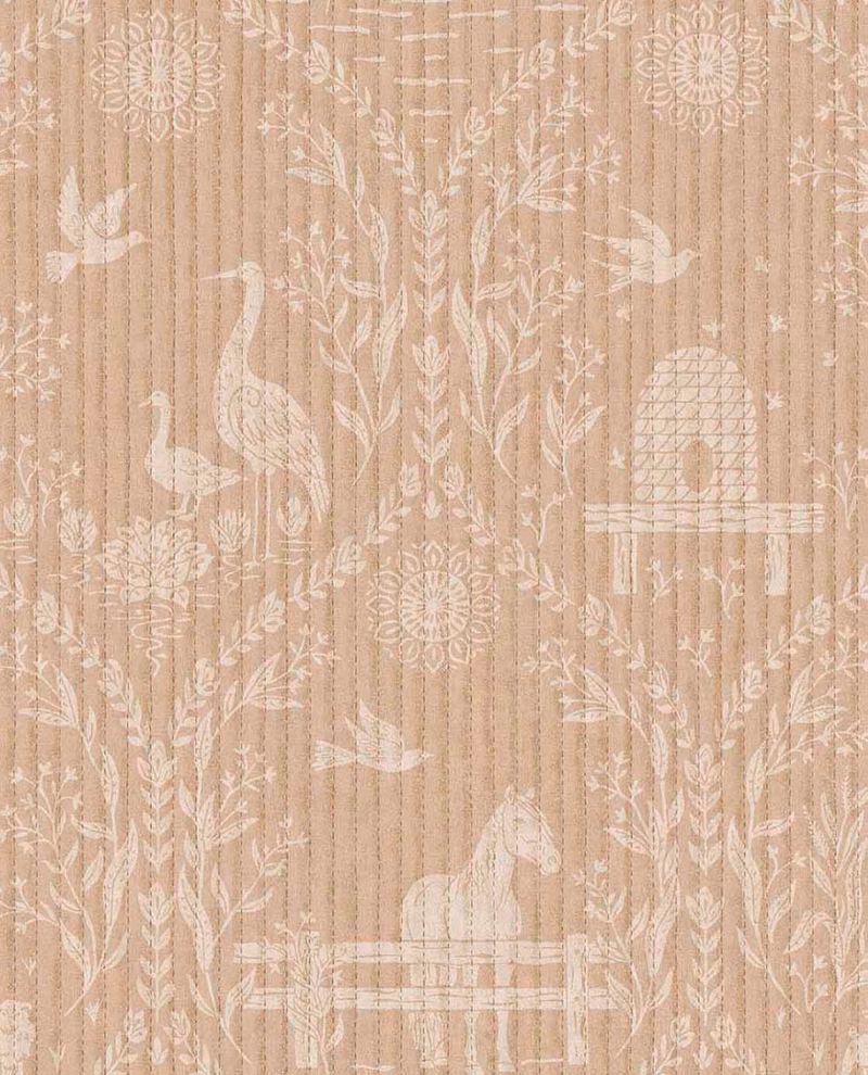 Meadow Folk wallpaper by Eijffinger in blush, white folk-art horses, cranes, birds and beehives on a soft pink ground, flat swatch.
