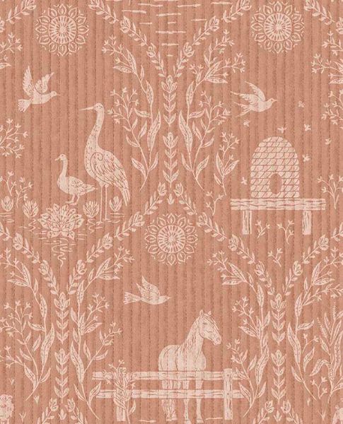 Meadow Folk wallpaper by Eijffinger in terracotta, pale folk-art horses, birds and beehives on a clay-pink ground, flat swatch.