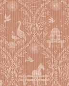 Meadow Folk wallpaper by Eijffinger in terracotta, pale folk-art horses, birds and beehives on a clay-pink ground, flat swatch.