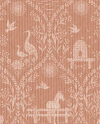 Meadow Folk wallpaper by Eijffinger in terracotta, pale folk-art horses, birds and beehives on a clay-pink ground, flat swatch.