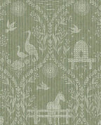 Meadow Folk wallpaper by Eijffinger in sage green, cream folk-art horses, cranes and birds on a muted green ground, flat swatch.
