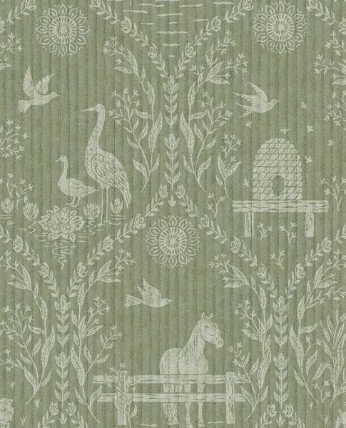Meadow Folk wallpaper by Eijffinger in sage green, cream folk-art horses, cranes and birds on a muted green ground, flat swatch.