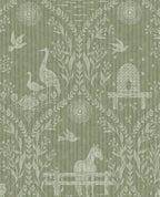 Meadow Folk wallpaper by Eijffinger in sage green, cream folk-art horses, cranes and birds on a muted green ground, flat swatch.