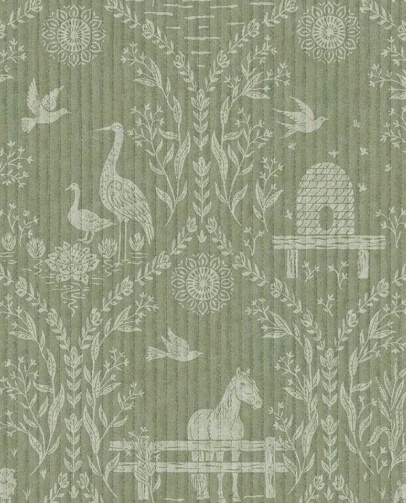 Meadow Folk wallpaper by Eijffinger in sage green, cream folk-art horses, cranes and birds on a muted green ground, flat swatch.