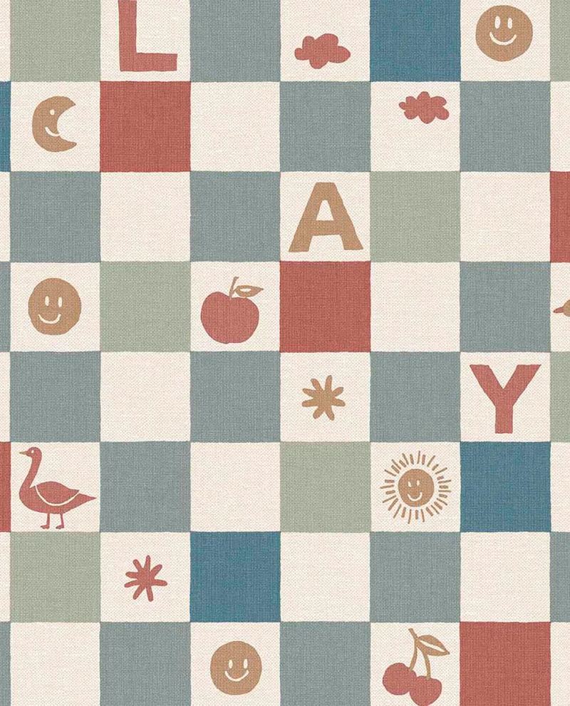 Alphabet Play wallpaper by Eijffinger, checkerboard of letters and motifs in teal, terracotta and sage on cream, flat swatch