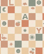 Alphabet Play wallpaper by Eijffinger in warm terracotta and clay tones, checkerboard grid of letters, smileys and fruit