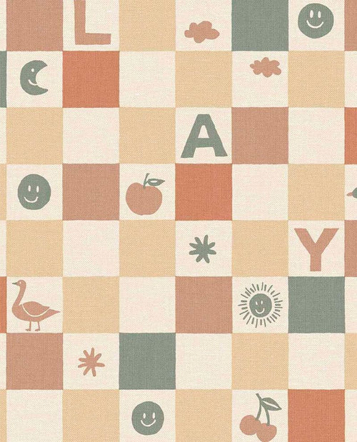 Alphabet Play wallpaper by Eijffinger in warm terracotta and clay tones, checkerboard grid of letters, smileys and fruit