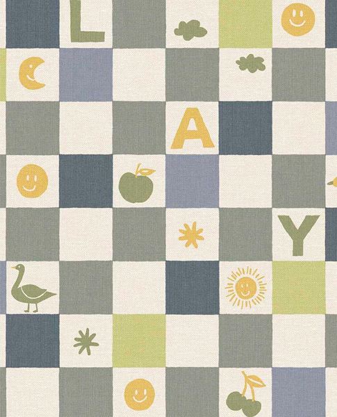 Alphabet Play wallpaper by Eijffinger – checkerboard letters and icons design