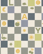 Alphabet Play wallpaper by Eijffinger in soft green, blue and grey, checkerboard of playful kids motifs and letters