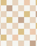 Patchwork Check wallpaper by Eijffinger, linen-textured checkerboard squares in soft beige, clay and mustard on white, flat swatch