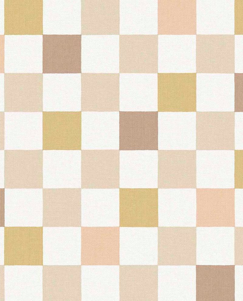 Patchwork Check wallpaper by Eijffinger, linen-textured checkerboard squares in soft beige, clay and mustard on white, flat swatch