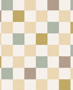 Patchwork Check wallpaper by Eijffinger in sage green, mustard and taupe, linen-textured checkerboard pattern